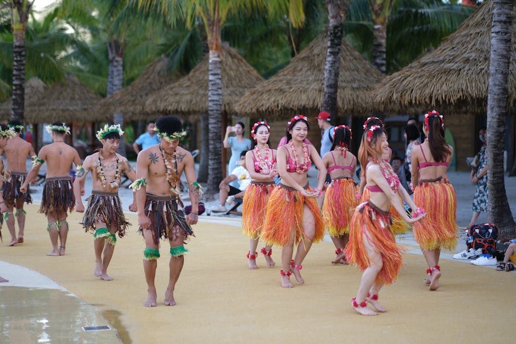 Vibrant traditional dance performance with colorful costumes in Phu Quoc, Vietnam.
